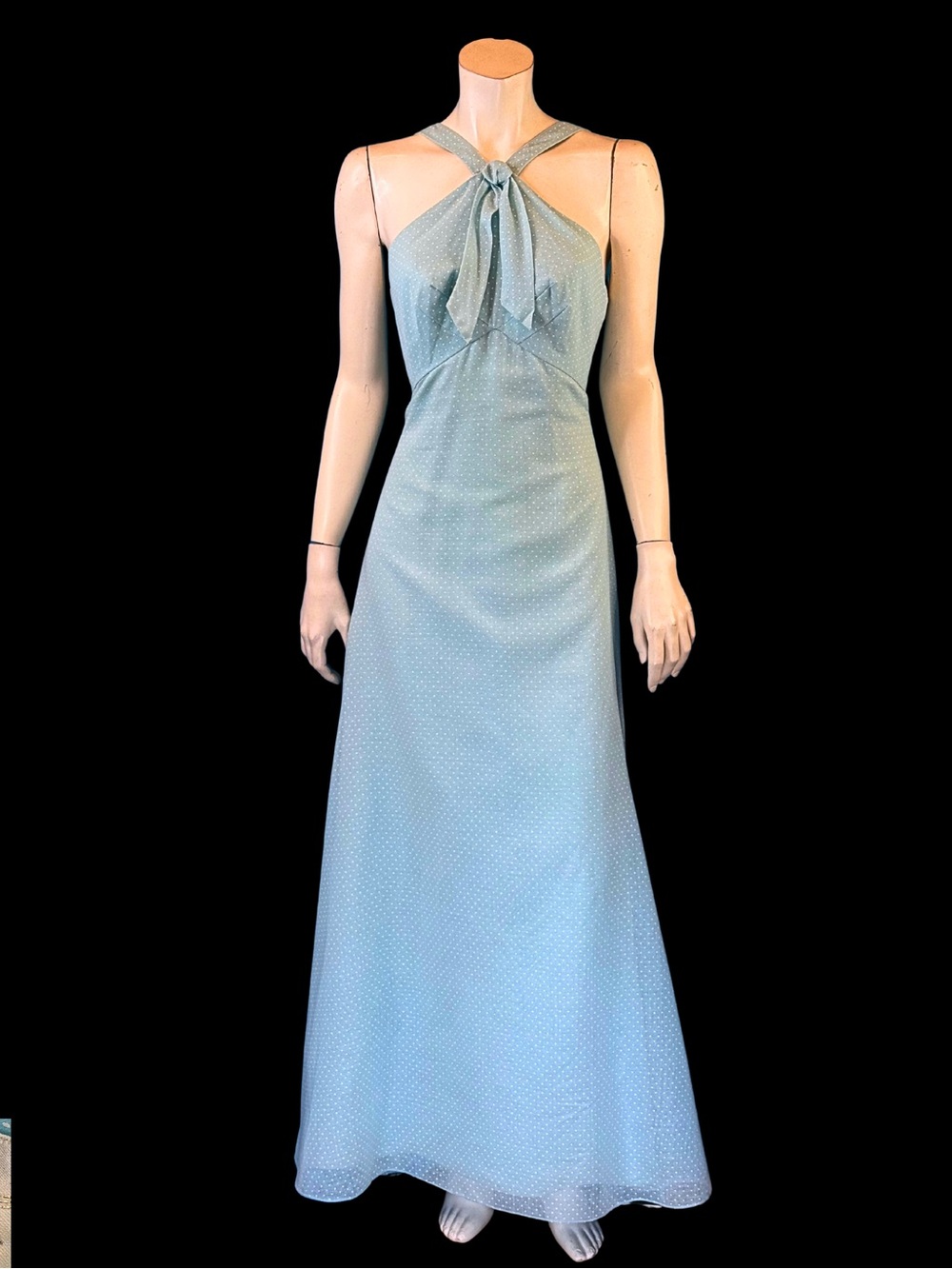 Vintage 1970s OPEN BACK Robins Egg Blue Polka Dot Halter Maxi Dress | XS S